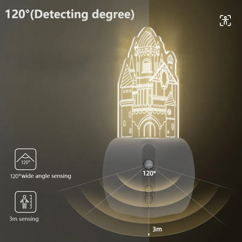 Lámpara de noche con forma de castillo y sensor de movimiento 